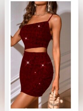 Brand NEW SPARKLE Women's One-Shoulder Sequin Dress in Burgundy Red